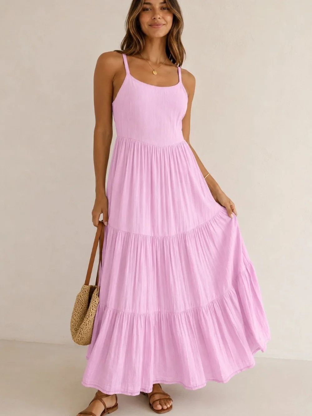 Old Navy Pink Cotton Blend Tiered Maxi Sundress Smocked Back M